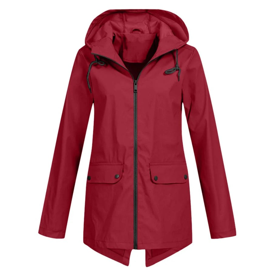 Women's Rain Jacket – Relaxed Fit – Hood – Water-Repellent – Mid-Length – Zipper and Pockets