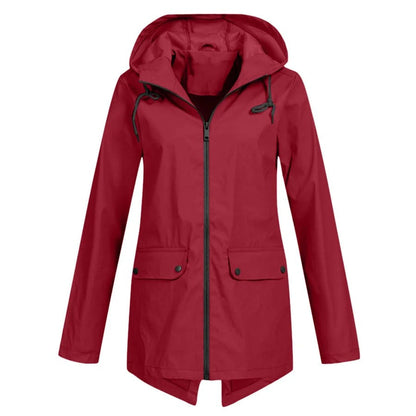 Women's Rain Jacket – Relaxed Fit – Hood – Water-Repellent – Mid-Length – Zipper and Pockets