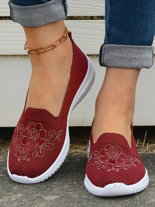 Women's Sneakers Slip-On – Breathable Knit – Floral Embroidered – Comfort Fit