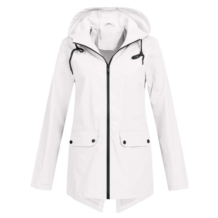 Women's Rain Jacket – Relaxed Fit – Hood – Water-Repellent – Mid-Length – Zipper and Pockets