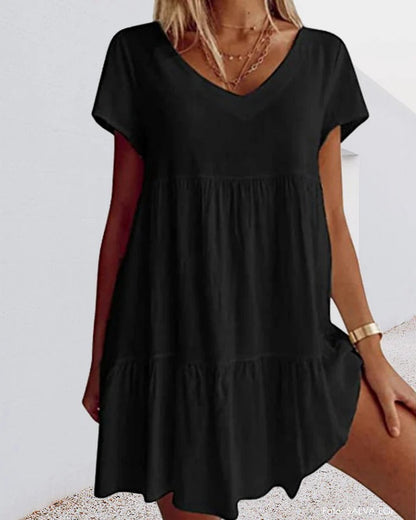 Dress for Women – A-line – Relaxed Fit – V-neck – Layered Design – Short Sleeve