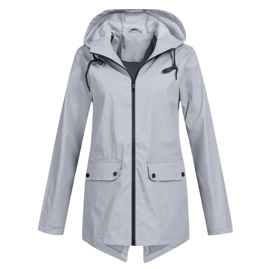 Women's Rain Jacket – Relaxed Fit – Hood – Water-Repellent – Mid-Length – Zipper and Pockets