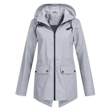 Women's Rain Jacket – Relaxed Fit – Hood – Water-Repellent – Mid-Length – Zipper and Pockets