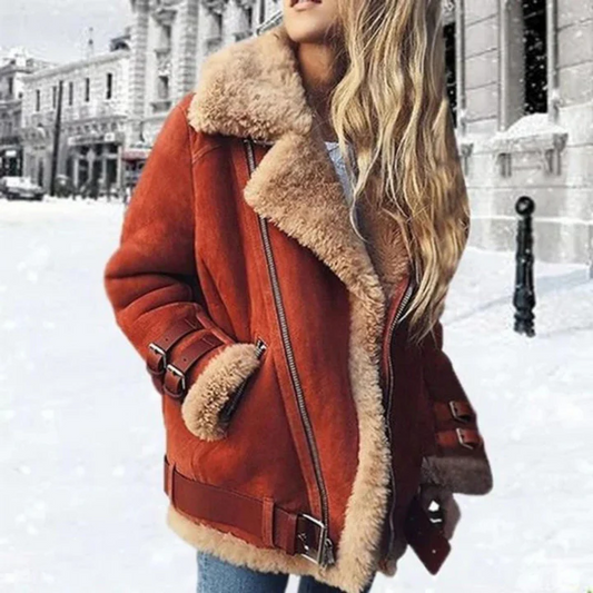 Women's Jacket – Oversized Fit – Suede Appearance – Fur Lined – Asymmetric Zipper – Buckle Details