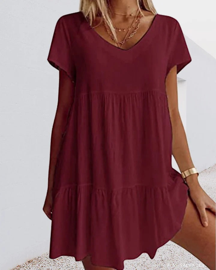 Dress for Women – A-line – Relaxed Fit – V-neck – Layered Design – Short Sleeve