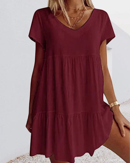 Dress for Women – A-line – Relaxed Fit – V-neck – Layered Design – Short Sleeve