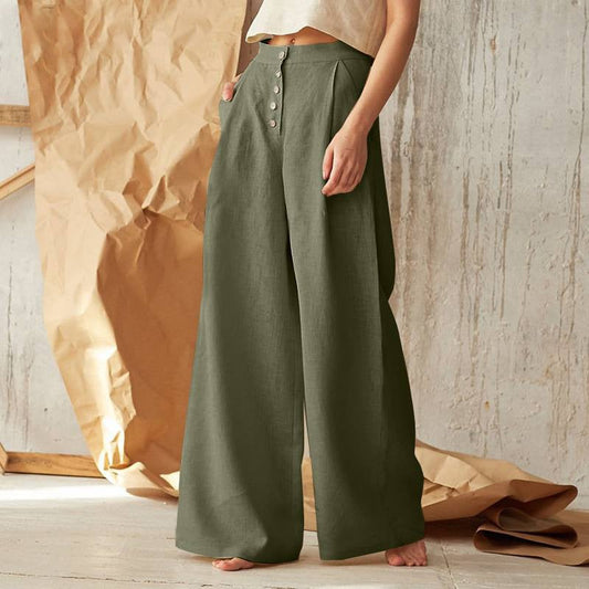 Women's Trousers with Wide Legs – High Waist – Button Closure – Linen and Cotton Blend – Relaxed Fit