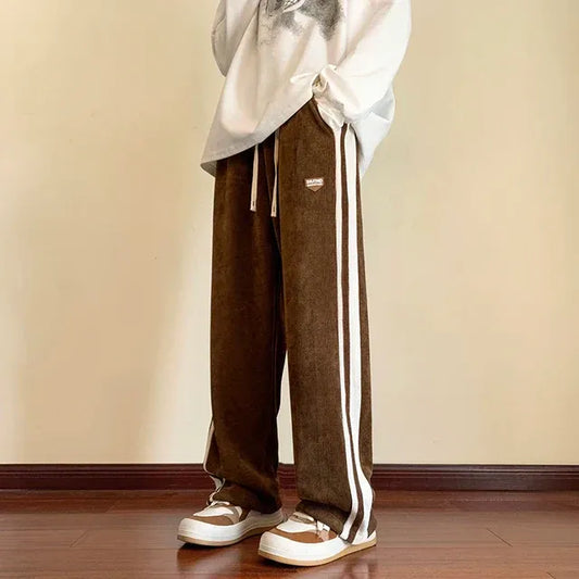 Men's Pants – Baggy Fit – Fleece Fabric – Adjustable Drawstring – Sporty Stripes