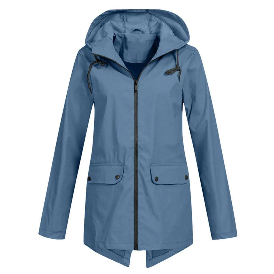 Women's Rain Jacket – Relaxed Fit – Hood – Water-Repellent – Mid-Length – Zipper and Pockets