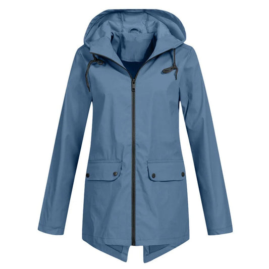 Women's Rain Jacket – Relaxed Fit – Hood – Water-Repellent – Mid-Length – Zipper and Pockets