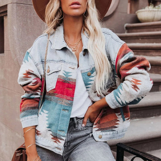 Women's Denim Jacket – Relaxed Fit – Woven Pattern – Casual Layering Garment