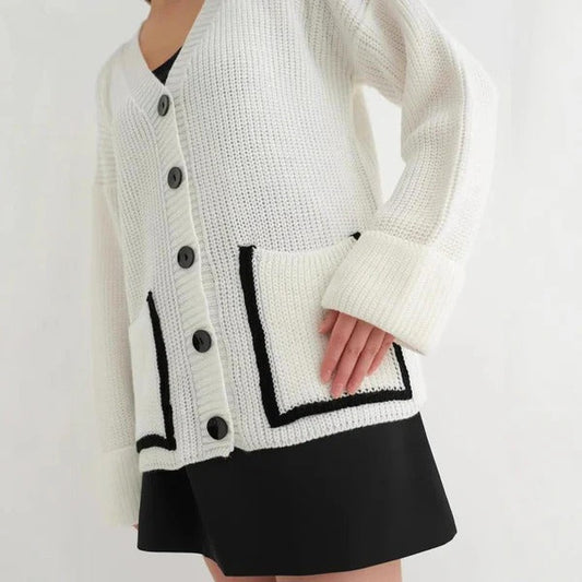 Women's Cardigan – Knitted – Relaxed Fit – Deep V-neck – Trimmed Pockets