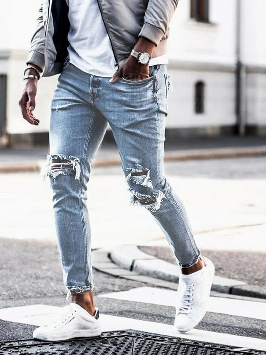 Men's Slim Fit Jeans – Tight Fit – Distressed Details – Full Length – Denim Casual