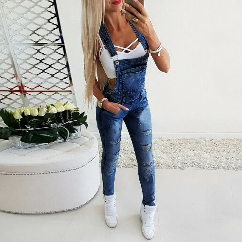 Women's Overalls – Slim Fit – Adjustable Straps – Distressed Denim Style