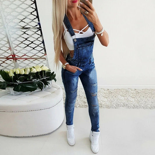 Women's Overalls – Slim Fit – Adjustable Straps – Distressed Denim Style
