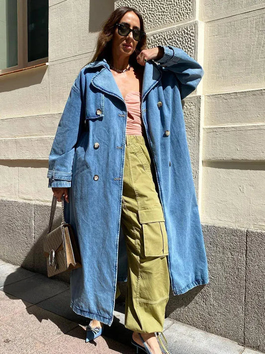 Women's Trench Coat – Denim – Oversized Fit – Full Length – Belt – Button Closure