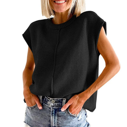Women's Knitted Top – Relaxed Fit – Sleeveless – Ribbed Neck – Casual