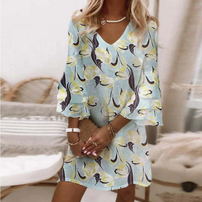 Women's Mini Dress – Relaxed Fit – V-neck – Three-quarter Sleeve – Breathable Fabric