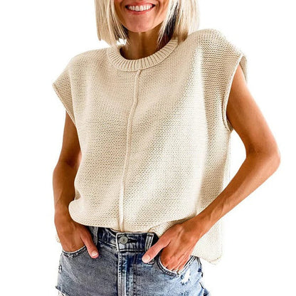 Women's Knitted Top – Relaxed Fit – Sleeveless – Ribbed Neck – Casual