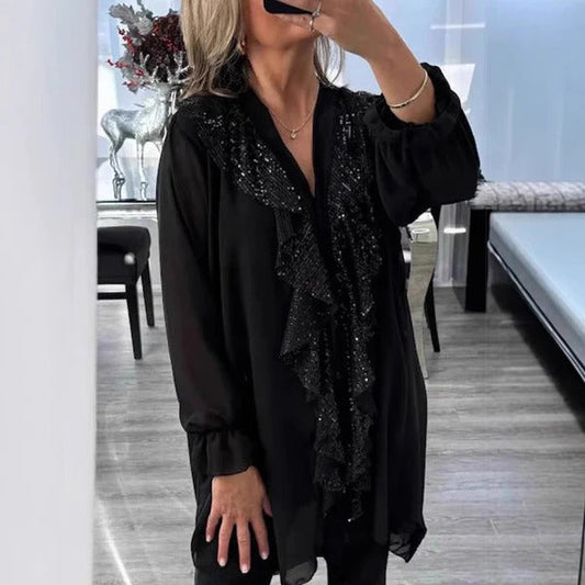 Women's Blouse – Transparent Fabric – Relaxed Fit – Long Sleeves – Ruffle with Glitter