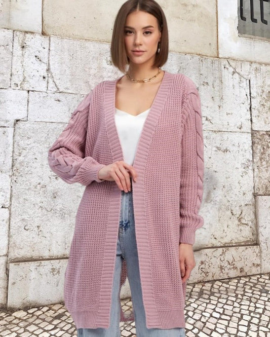 Women's Coat – Knitted Wool – Oversized Fit – Cable Knit Sleeves – Open Front