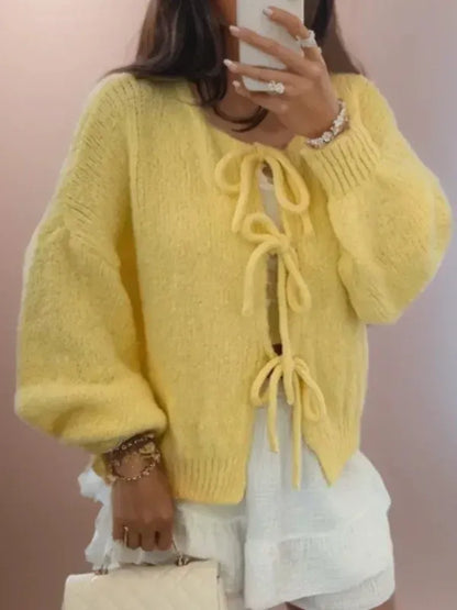 Women's Cardigan – Oversized Fit – Wool Knit – Balloon Sleeves – Tie Details