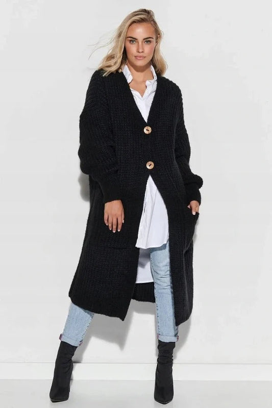 Women's Coat in Knit – Wool – Oversized Fit – Long Length – Button Front – Large Pockets