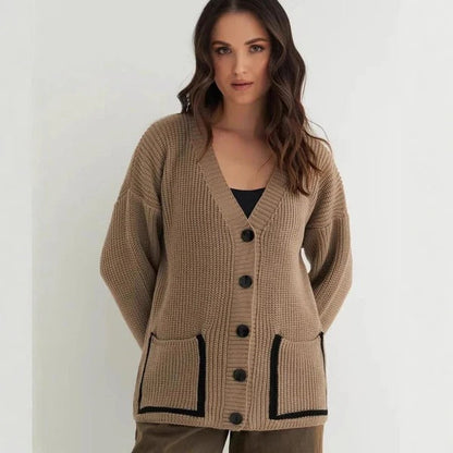 Women's Cardigan – Knitted – Relaxed Fit – Deep V-neck – Trimmed Pockets