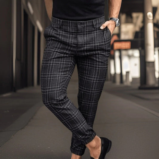 Men's Trousers Chinos – Slim Fit – Cotton Blend – Check Pattern – Full Length – Smart Casual