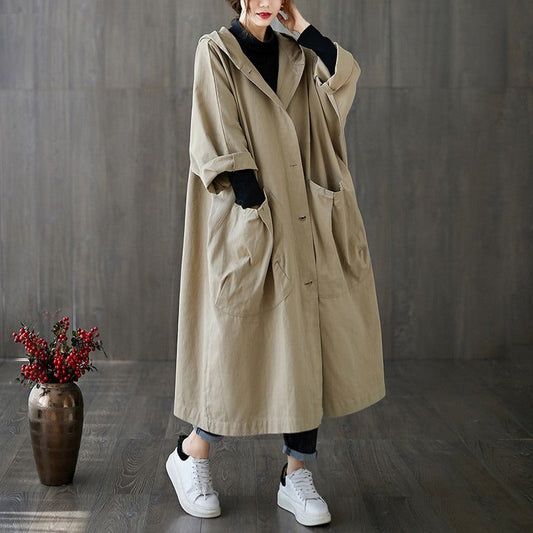 Women's Trench Coat – Oversized Fit – Water-Repellent – Hood – Ankle-Length Casual Style