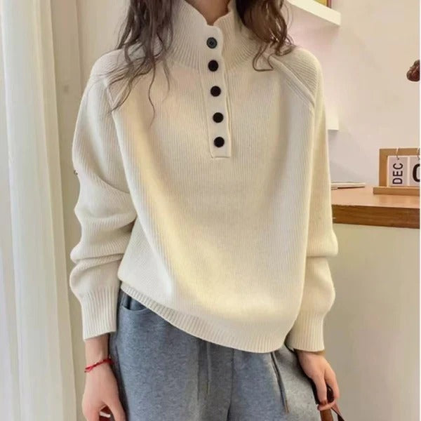 Women's Sweater – Wool Blend – Relaxed Fit – Stand Collar – Button Panel
