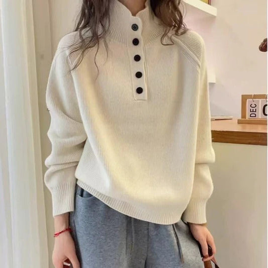 Women's Sweater – Wool Blend – Relaxed Fit – Stand Collar – Button Panel