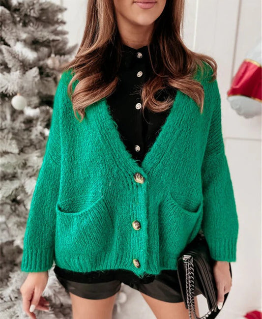 Women's Cardigan – Oversized Fit – Knitted – V-neck – Buttons – Relaxed Style