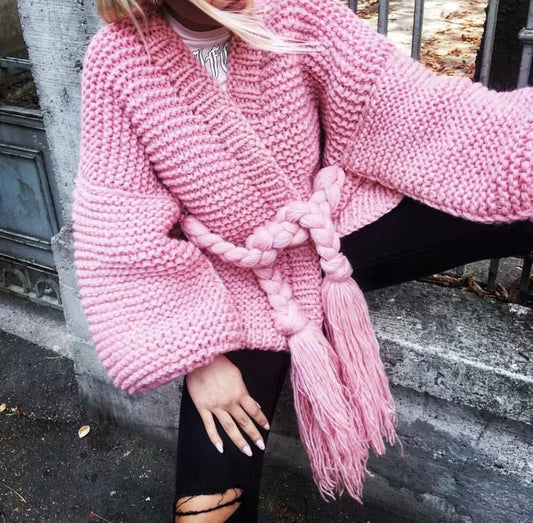 Women's Cardigan – Chunky Knit – Oversized Fit – Braided Waist Belt – Long Sleeve