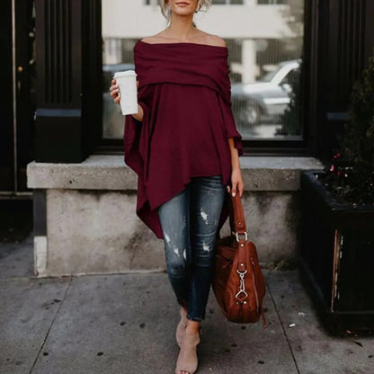 Women's Off Shoulder Top – Relaxed Fit – Asymmetric Hem – Soft Knitted Fabric