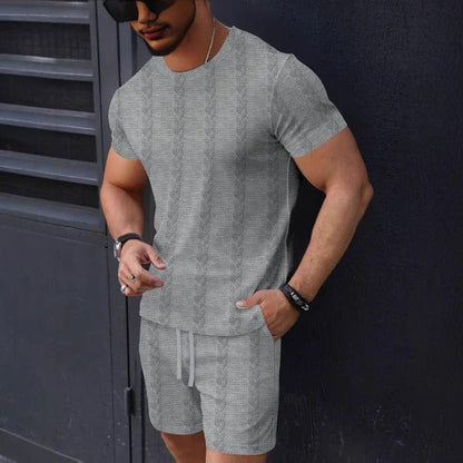 Men's Set with T-shirt and Shorts – Textured Knit – Regular Fit – Drawstring Waist