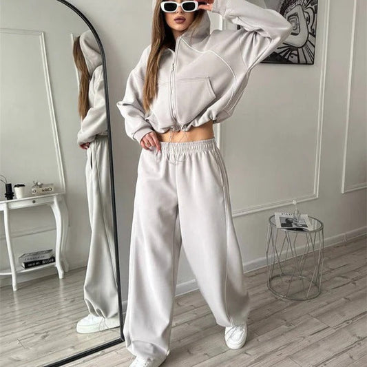 Women's Set with Hoodie and Pants – Oversized – Zipper – Wide Legs – Cotton Feel