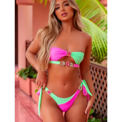 Women's Bikini Set – Ruched Design – Strapless Halterneck – Crystal Details