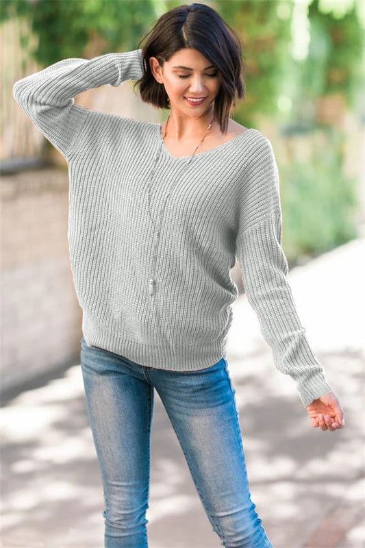 Women's Sweater – Relaxed Fit – Wool Blend – Open Back with Twist – Long Sleeves