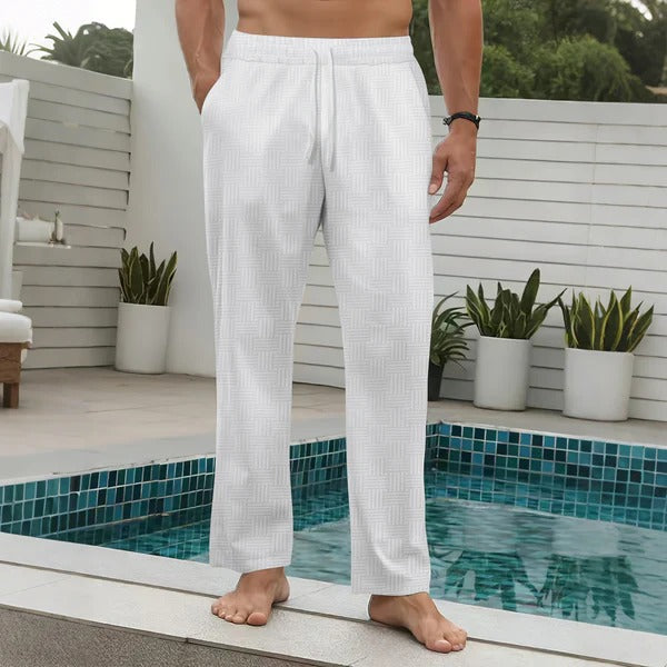 Men's Pants – Relaxed Fit – Textured Fabric – Elastic Waist with Drawstring – Full Length
