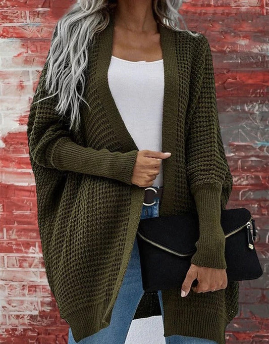 Women's Cardigan – Knitted Waffle Texture – Oversized Fit – Open Front – Long Sleeved