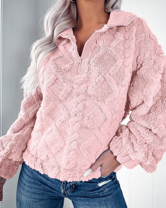 Women's Sweater – Faux Fur – Relaxed Fit – Quilted Texture – Half Zipper