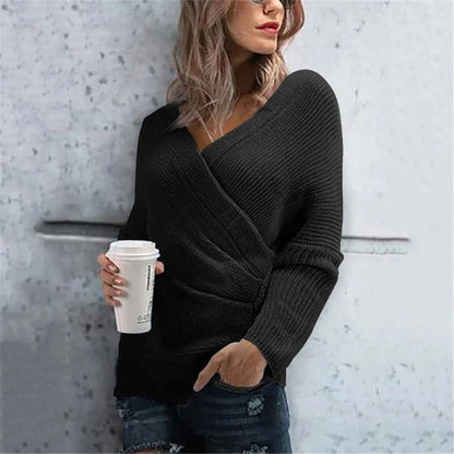 Women's Wrap Sweater – Textured Knit – V-neck – Relaxed Fit – Ribbed Details