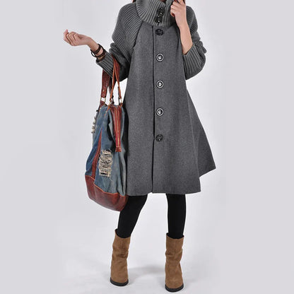 Women's Wool Coat – A-line Fit – High Ribbed Collar – Buttoning – Knee Length