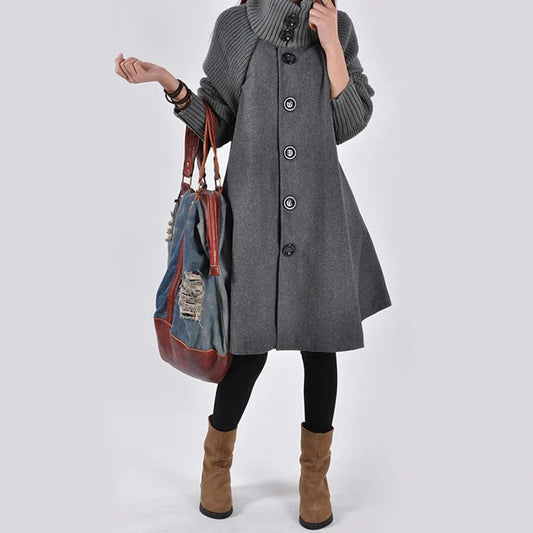 Women's Wool Coat – A-line Fit – High Ribbed Collar – Buttoning – Knee Length