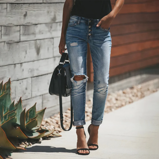 Women's Jeans – Slim Fit – Distressed Denim – Rolled Hem – Ankle Length