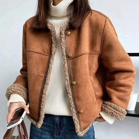 Women's Coat – Relaxed Fit – Suede Finish – Faux Fur Details – Button Front