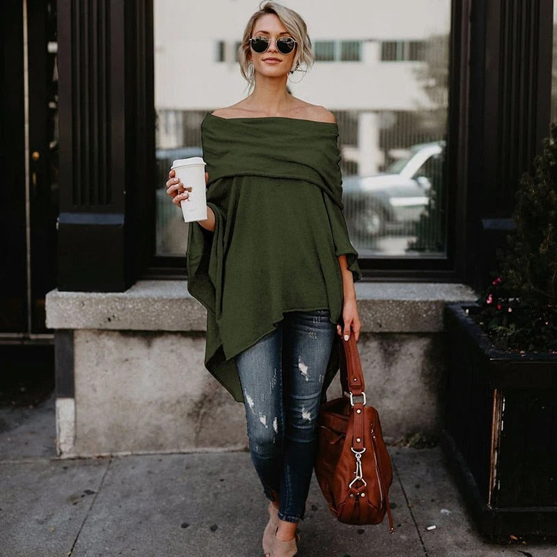 Women's Off Shoulder Top – Relaxed Fit – Asymmetric Hem – Soft Knitted Fabric
