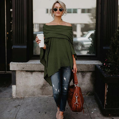 Women's Off Shoulder Top – Relaxed Fit – Asymmetric Hem – Soft Knitted Fabric