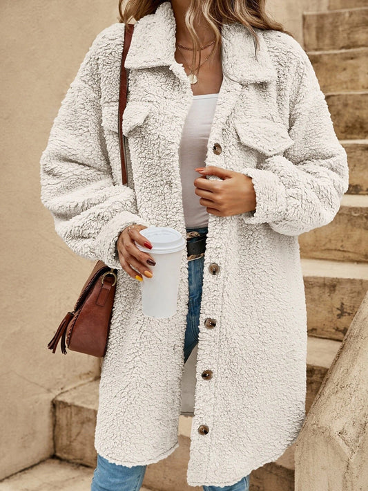Women's Coat – Oversized Fit – Soft Texture – Knee Length – Flap Chest Pockets